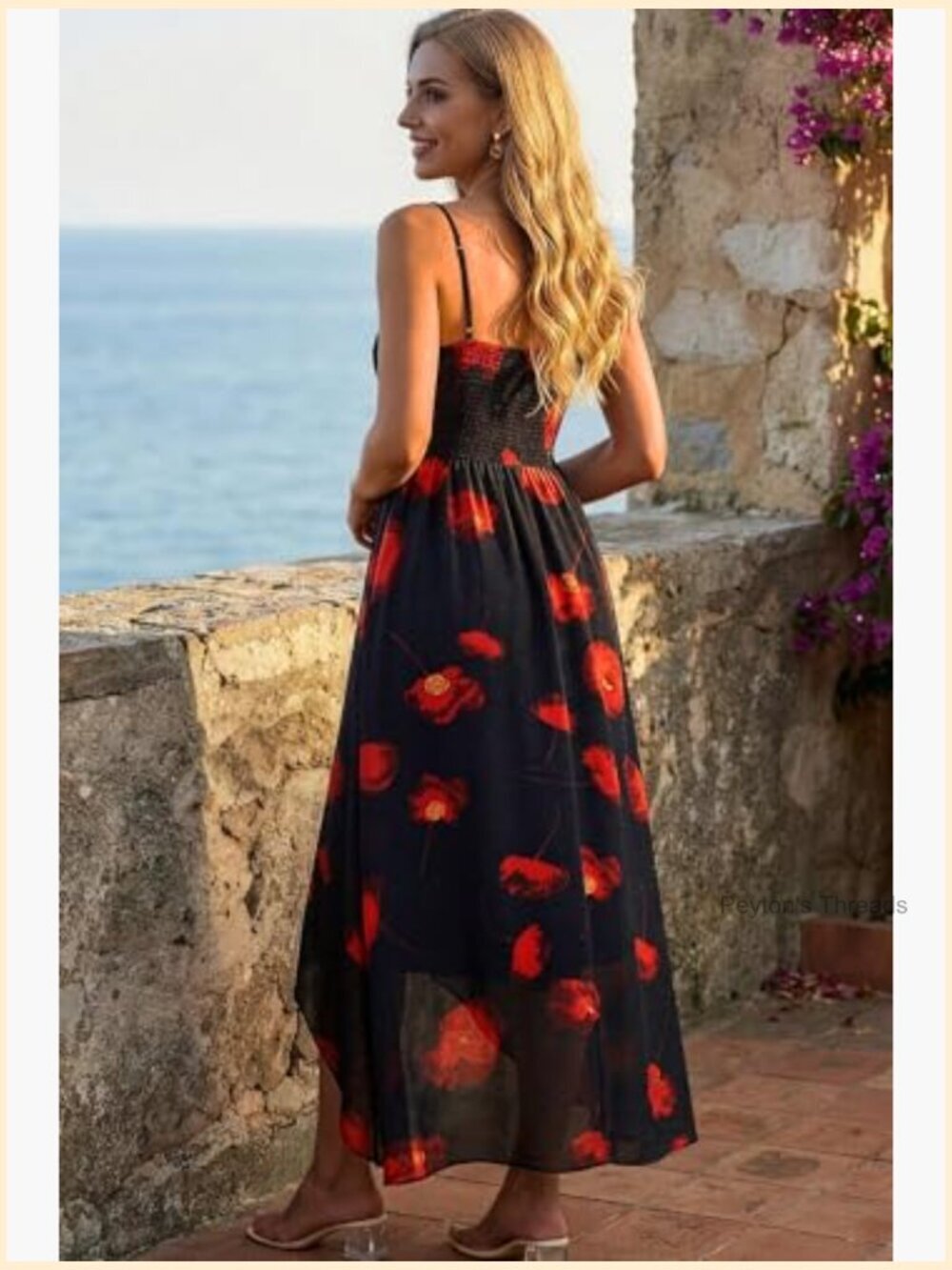 Floral Midi Dress Spaghetti Strap Cowl Neck A-Line Smocked Back Wedding Guest - Picture 3 of 7